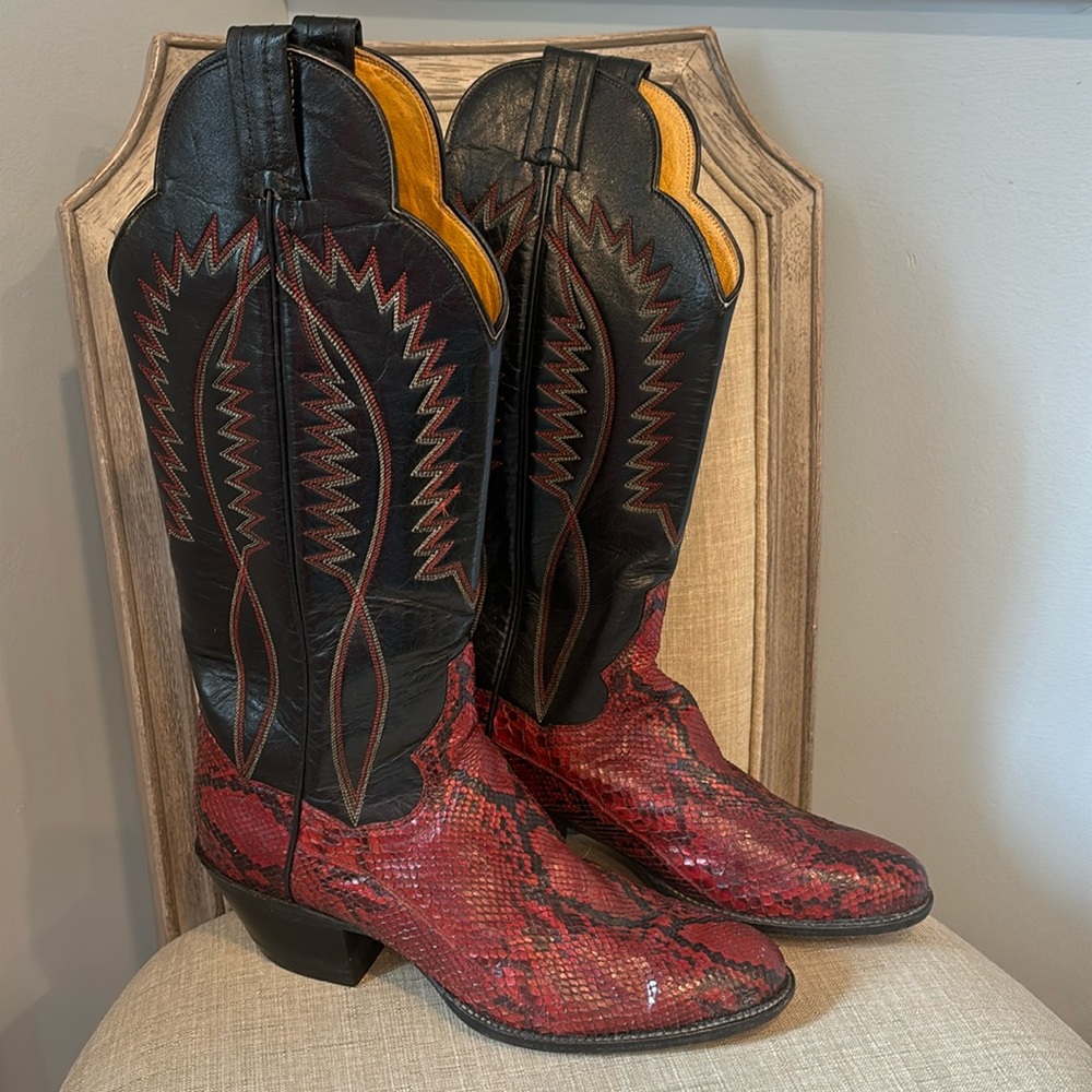 Panhandle Slim Red & Black Snakeskin Cowboy Boots women sz 7
